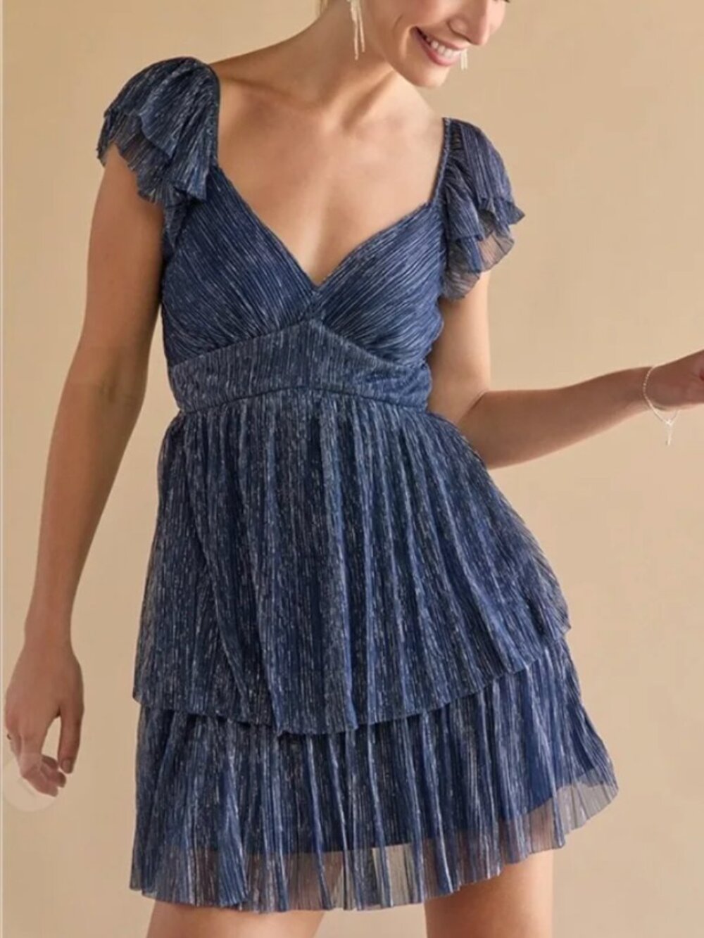 FRANCESCA'S Lana Blue Flutter Sleeve Shimmer Mini Dress sz M